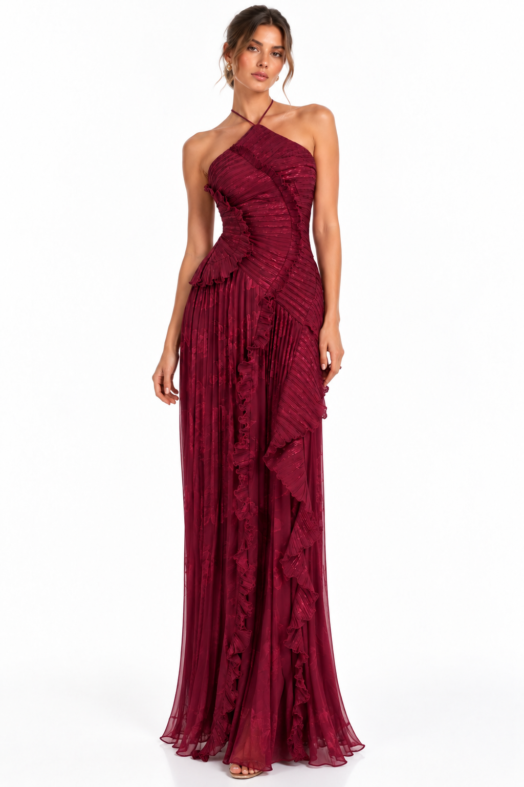 Vestido Allegra . Vestido Vino Largo Asimétrico con Volantes – Vestido de Fiesta Elegante