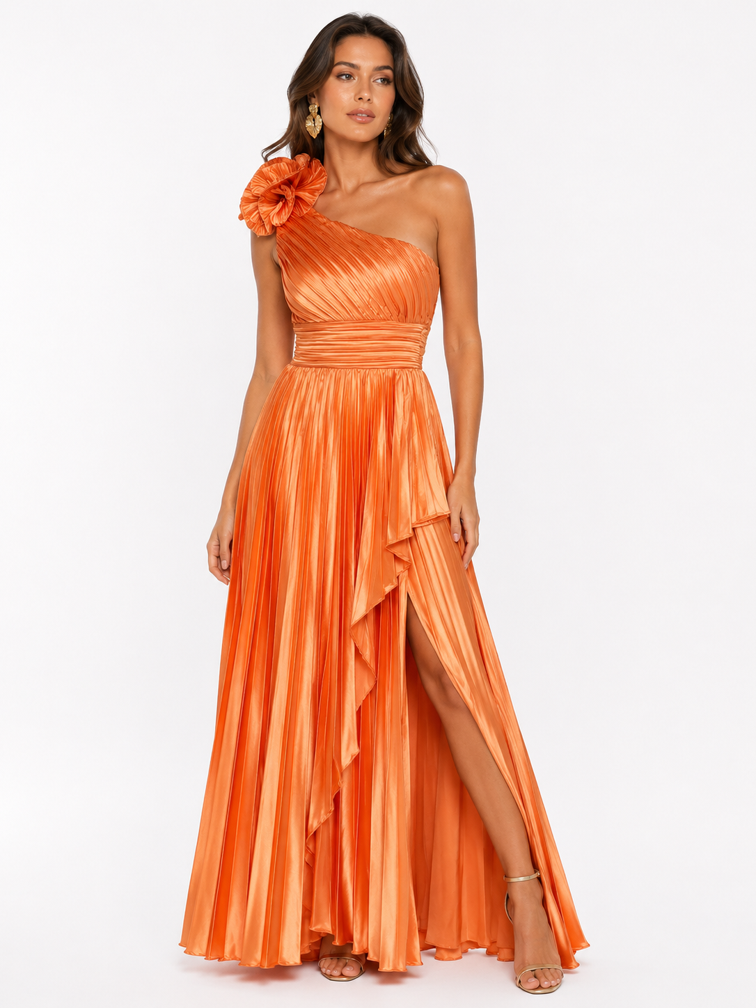 Vestido Irma . Vestido Naranja – Vestido largo plisado para boda