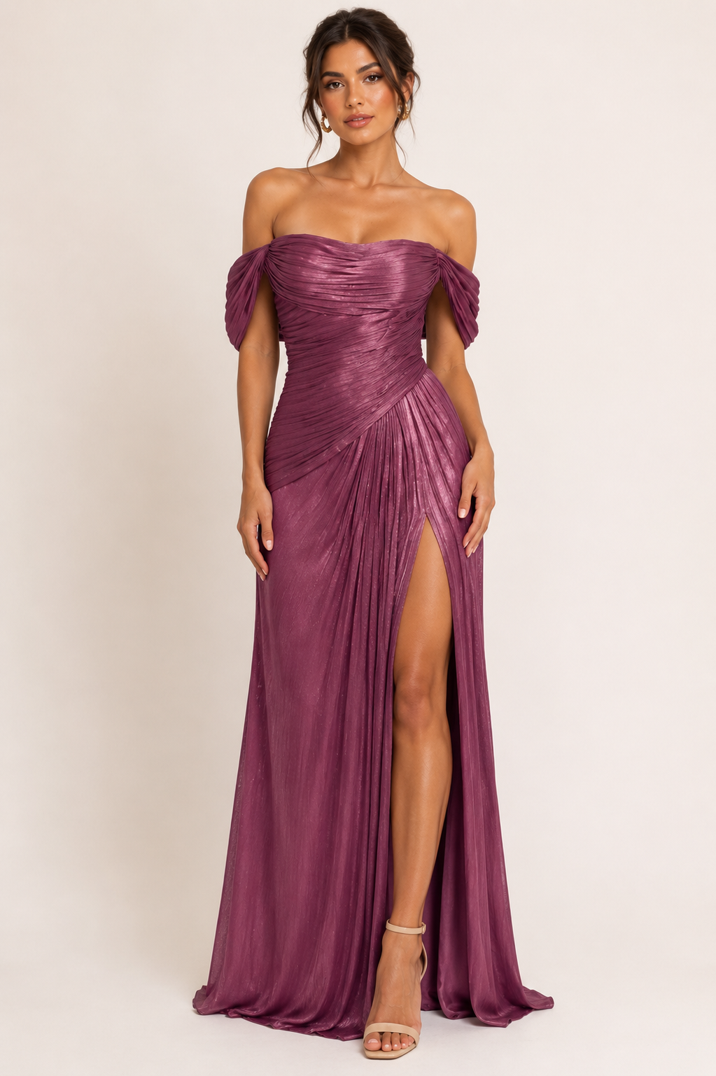 Vestido Lilian Malva – Vestido largo drapeado con hombros descubiertos