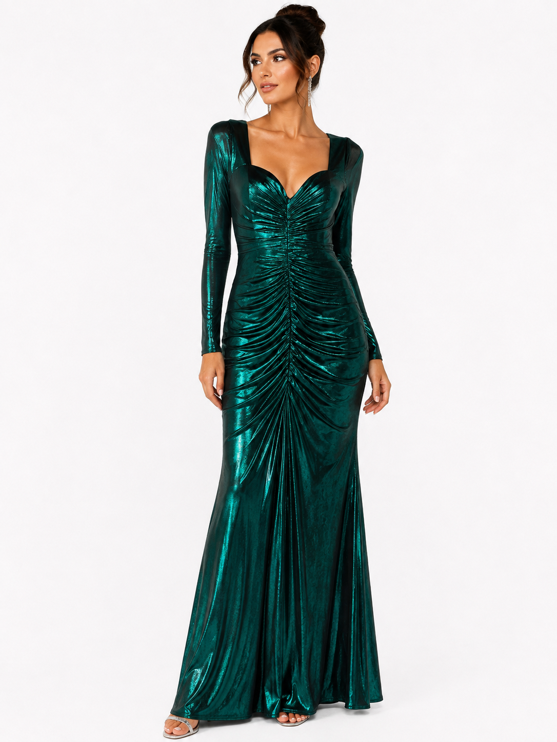 Caro verde . Vestido Verde Esmeralda – Vestido largo de noche con manga