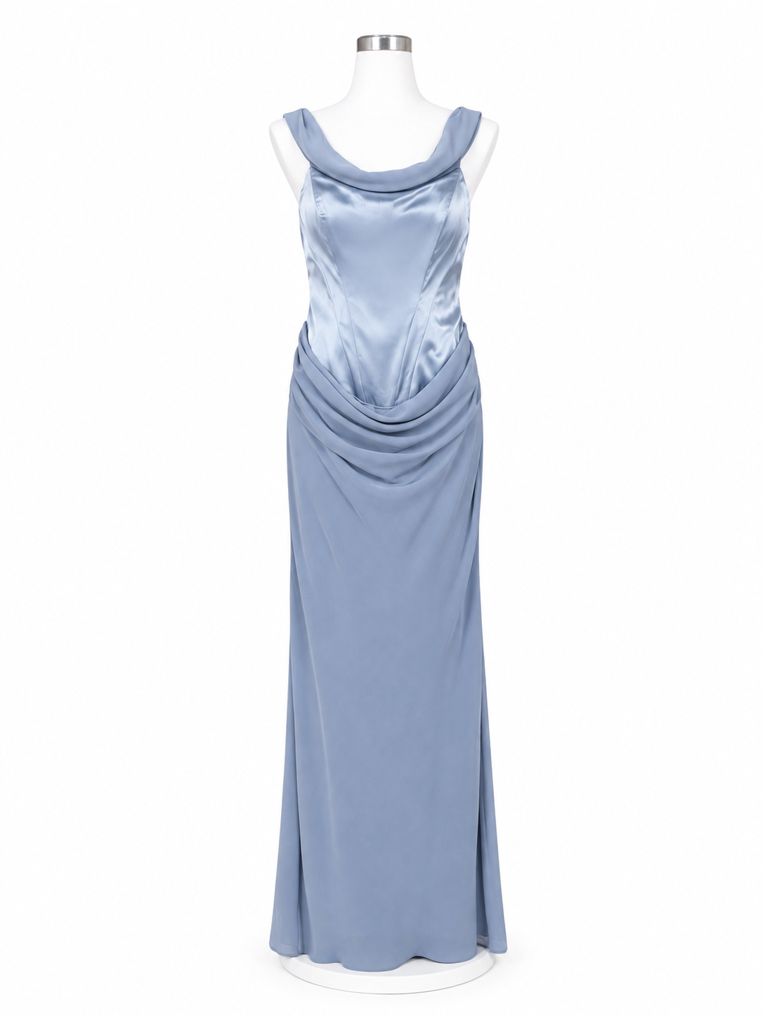 Vestido Pilar . Vestido Azul Acero – Vestido largo elegante drapeado