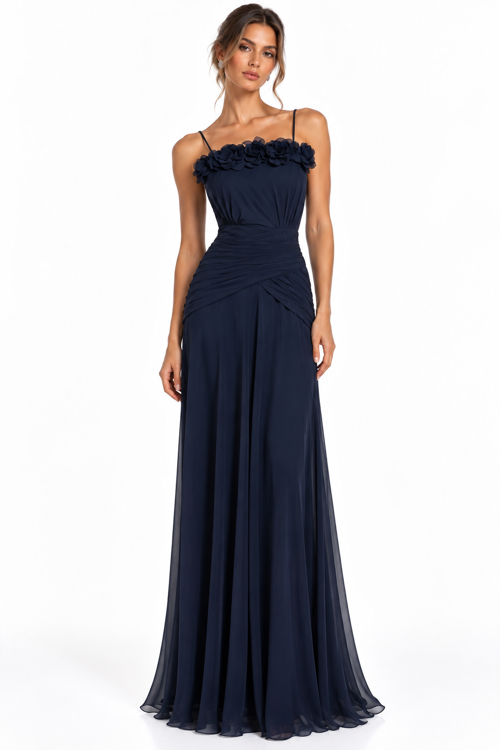 Vestido Bella . Vestido Azul Marino Largo con Flores – Vestido de Fiesta Elegante
