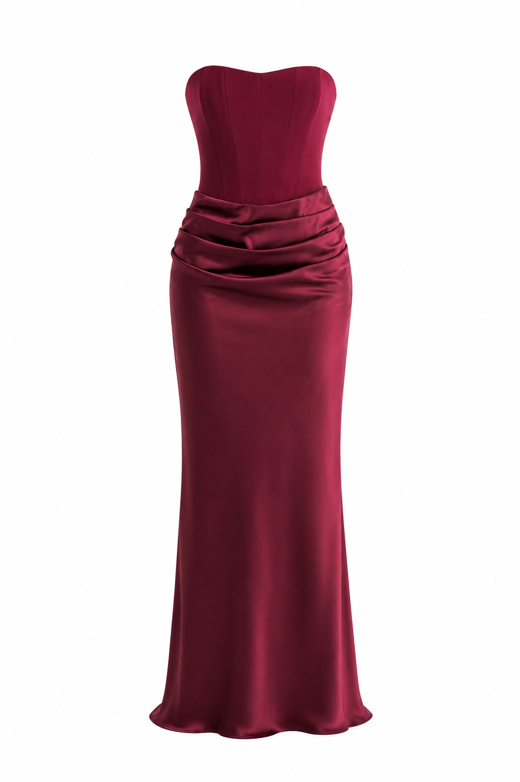 Vestido Cilia Vino Strapless – Vestido largo de fiesta drapeado