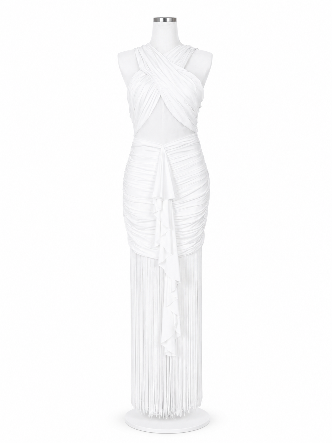 Vestido Regi . Vestido Blanco con Flecos – Vestido de fiesta drapeado