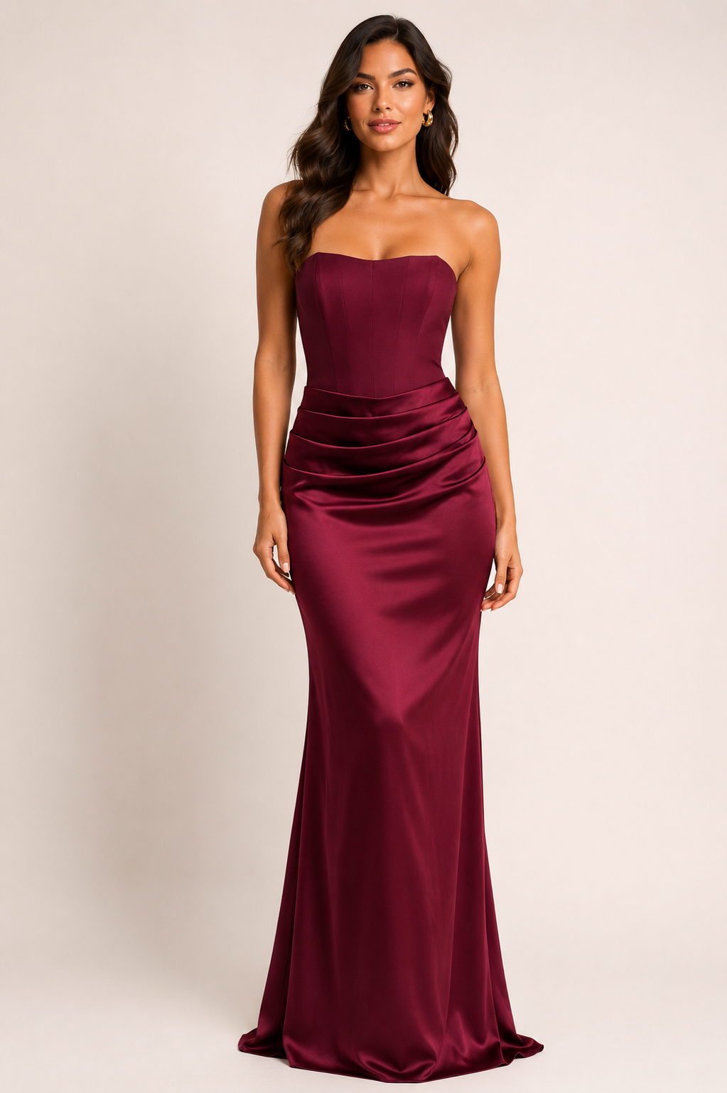 Vestido Cilia Vino Strapless – Vestido largo de fiesta drapeado