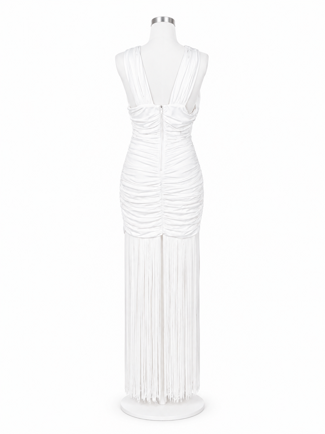 Vestido Regi . Vestido Blanco con Flecos – Vestido de fiesta drapeado