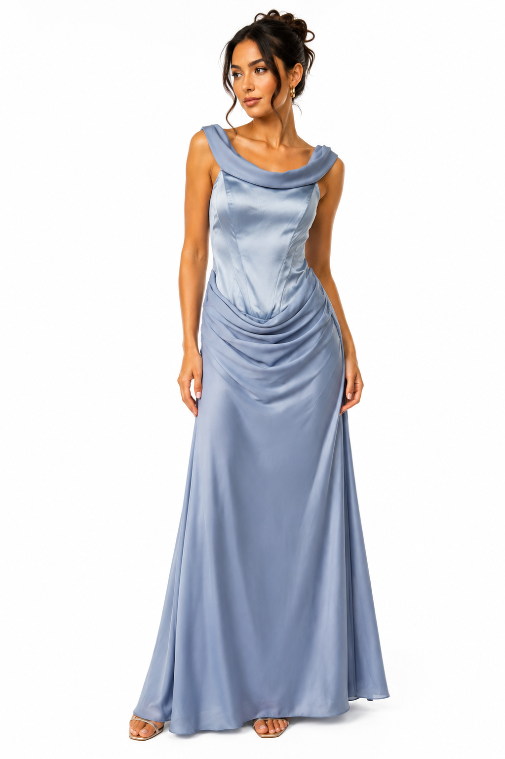 Vestido Pilar . Vestido Azul Acero – Vestido largo elegante drapeado