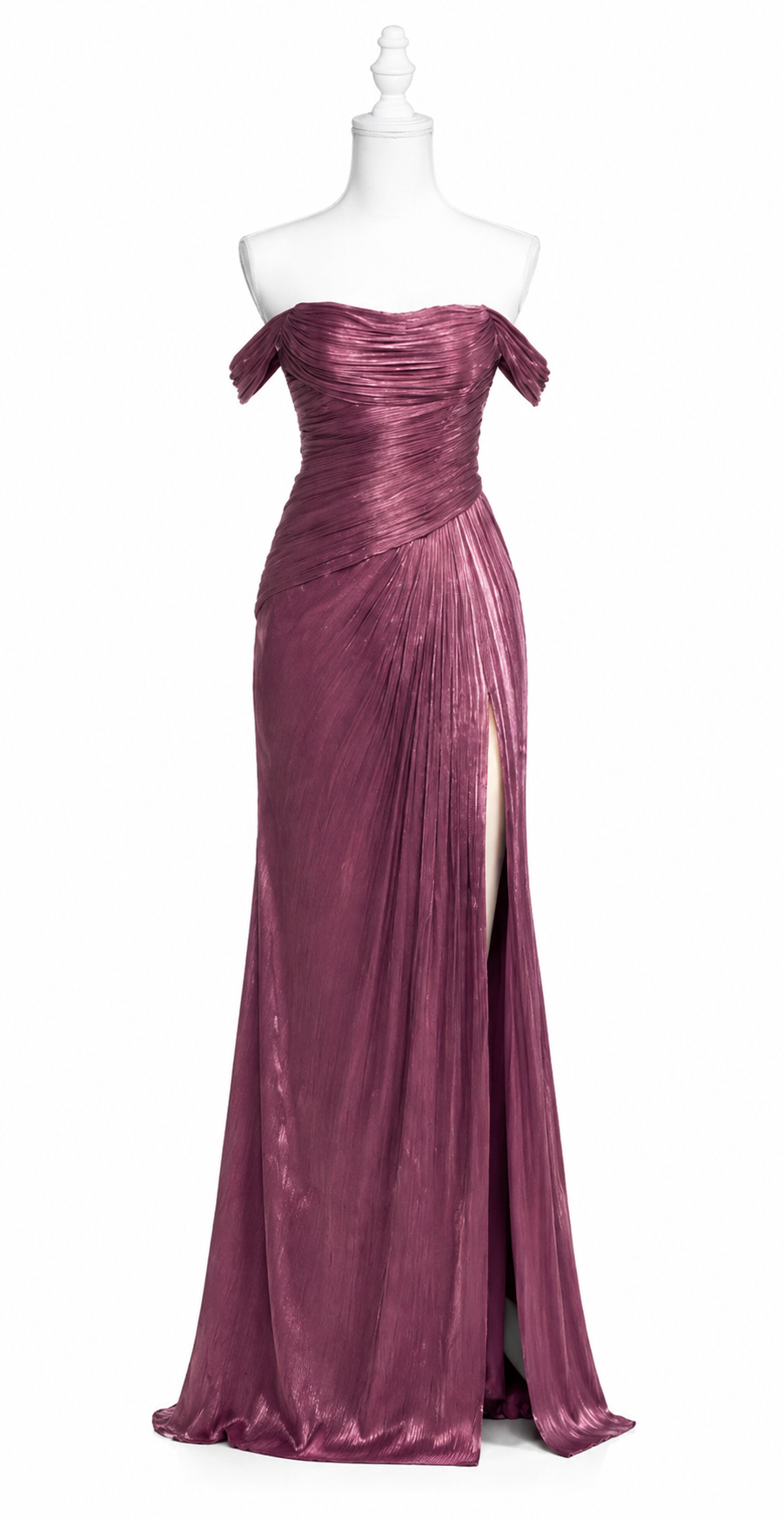 Vestido Lilian Malva – Vestido largo drapeado con hombros descubiertos