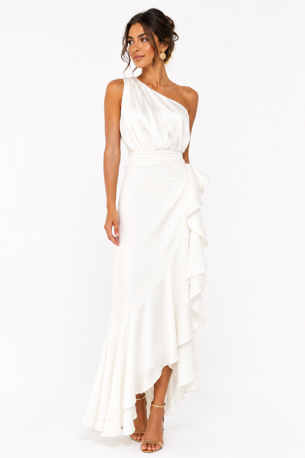 Olía blanco . Vestido Blanco Asimétrico – Vestido largo con volantes
