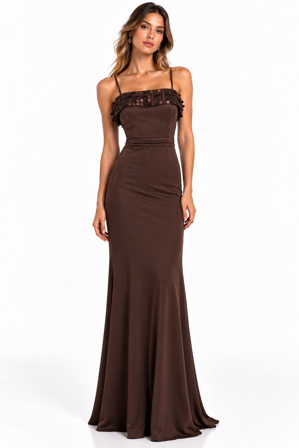 Vestido Cala cafe . Vestido Chocolate Largo – Vestido de fiesta con detalle de lentejuelas