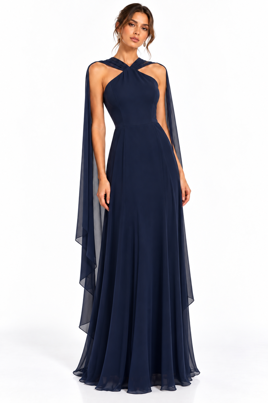 Vestido Tita Azul Marino con Capa – Vestido largo elegante